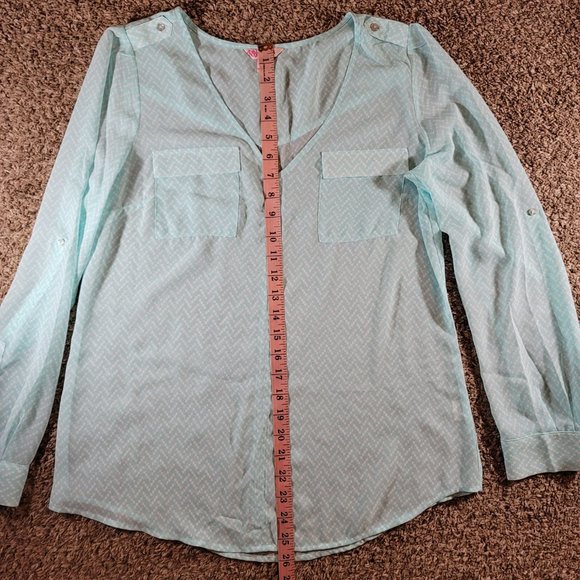 Candie's Sheer Chiffon Long Sleeve Blouse Roll Tab Sleeves Women's Size Large - Picture 5 of 12